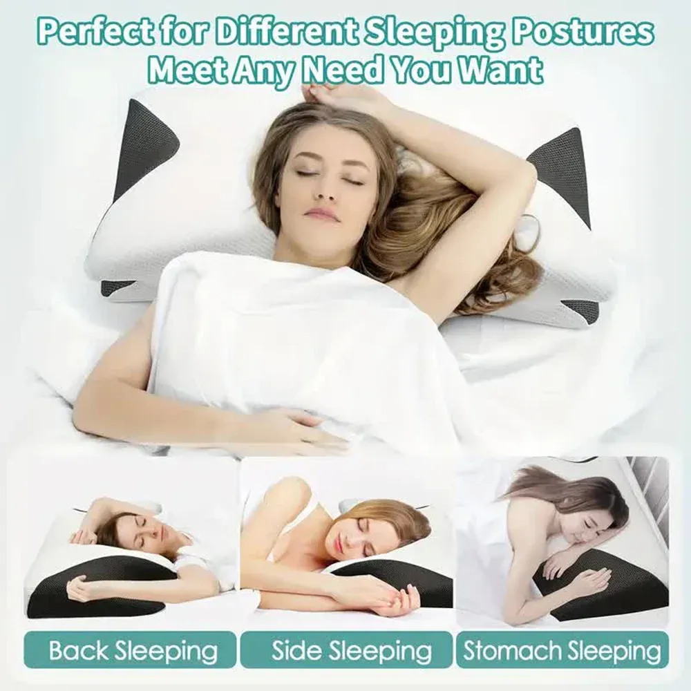 Person sleeping comfortably on memory foam neck pillow showing back sleeper position.