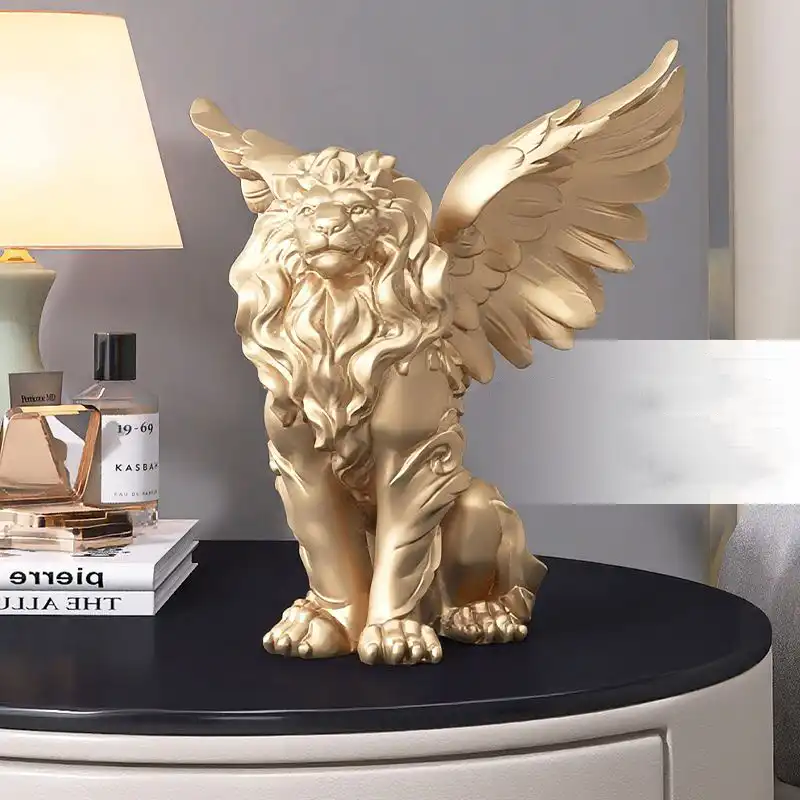 Lion statue in hotel lobby setting on elegant side table with luxury interior background.