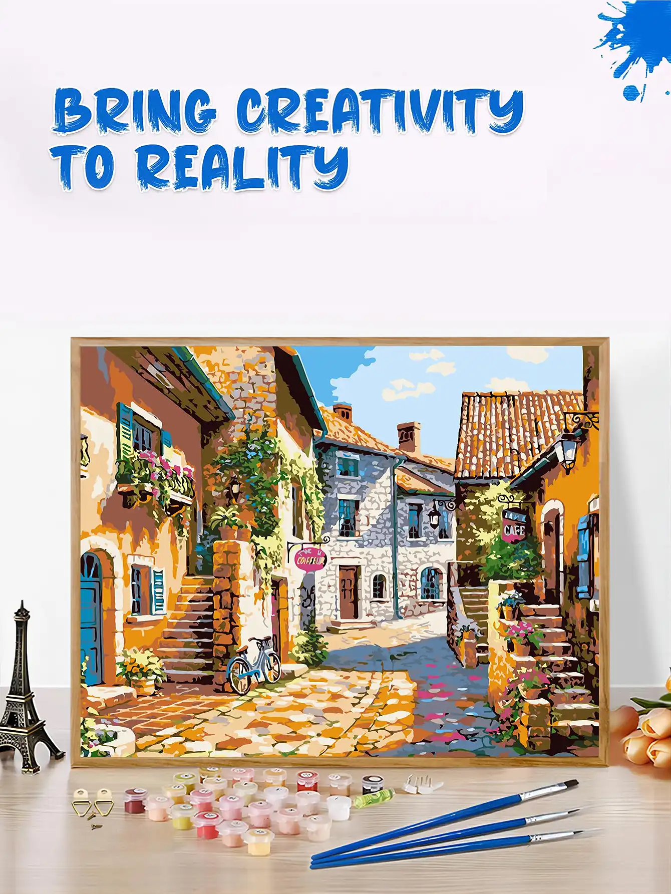 Before and after comparison showing blank numbered canvas transformed into beautiful landscape art.