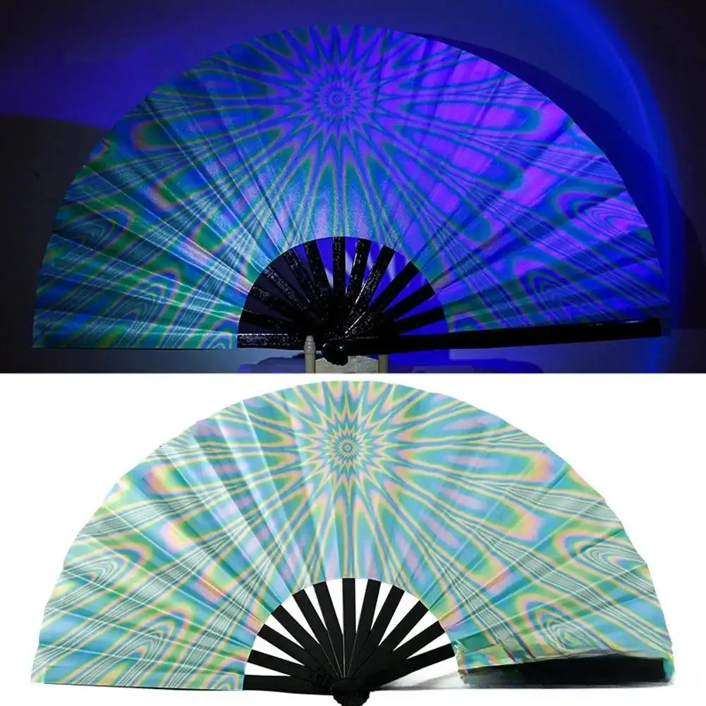 Dance performance scene with performer using glowing UV fan under stage black lights during cultural show.