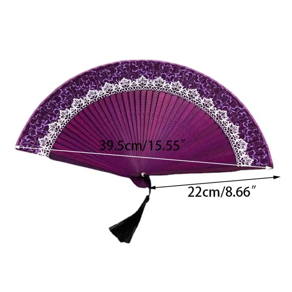 Multiple color options of Japanese bamboo silk fans arranged showing green blue black purple brown.
