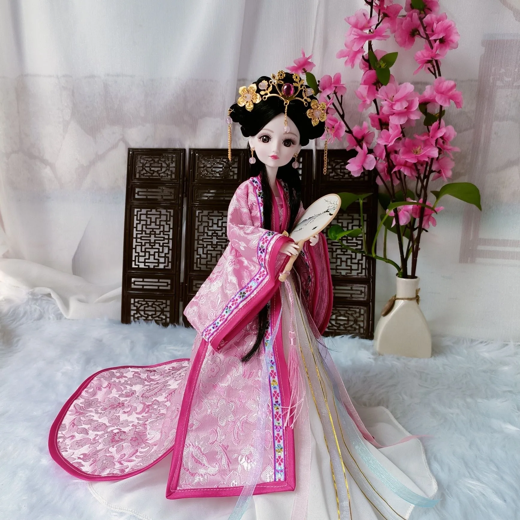 Full traditional Hanfu costume set with flowing skirt and authentic Chinese cultural accessories.