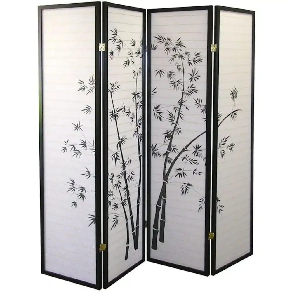 Chinese Shoji black bamboo privacy screen divider with floral pattern in modern living room.