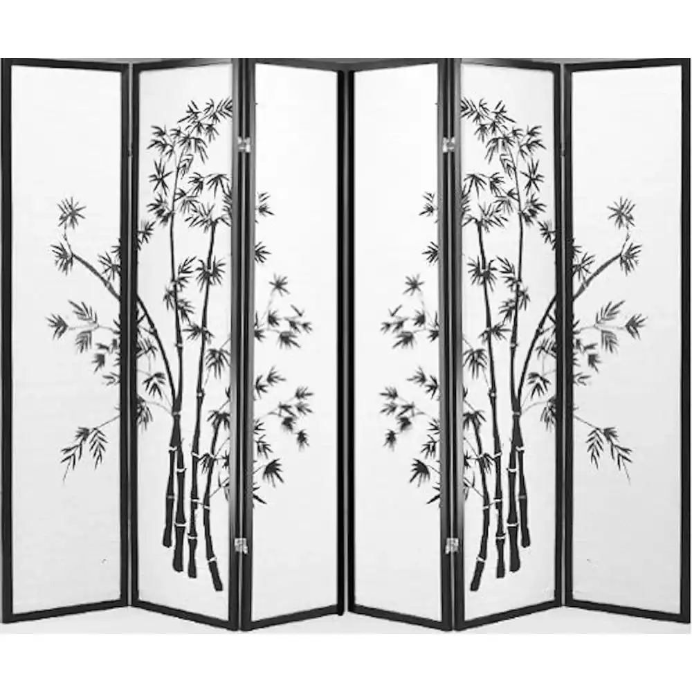 Close-up detail of translucent wood panels and black bamboo print design on Asian room divider.