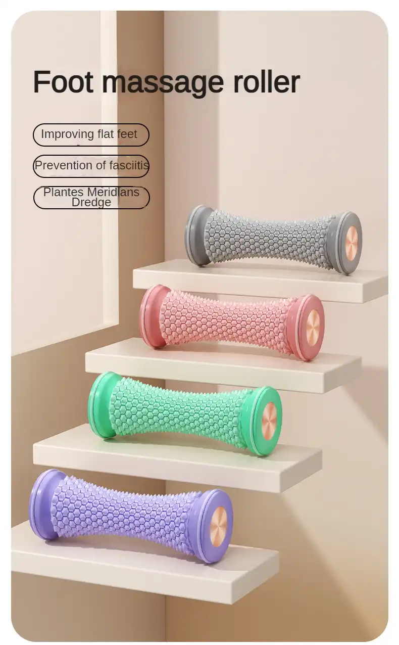 Person using manual foot massager roller demonstrating proper rolling technique for plantar fasciitis relief.