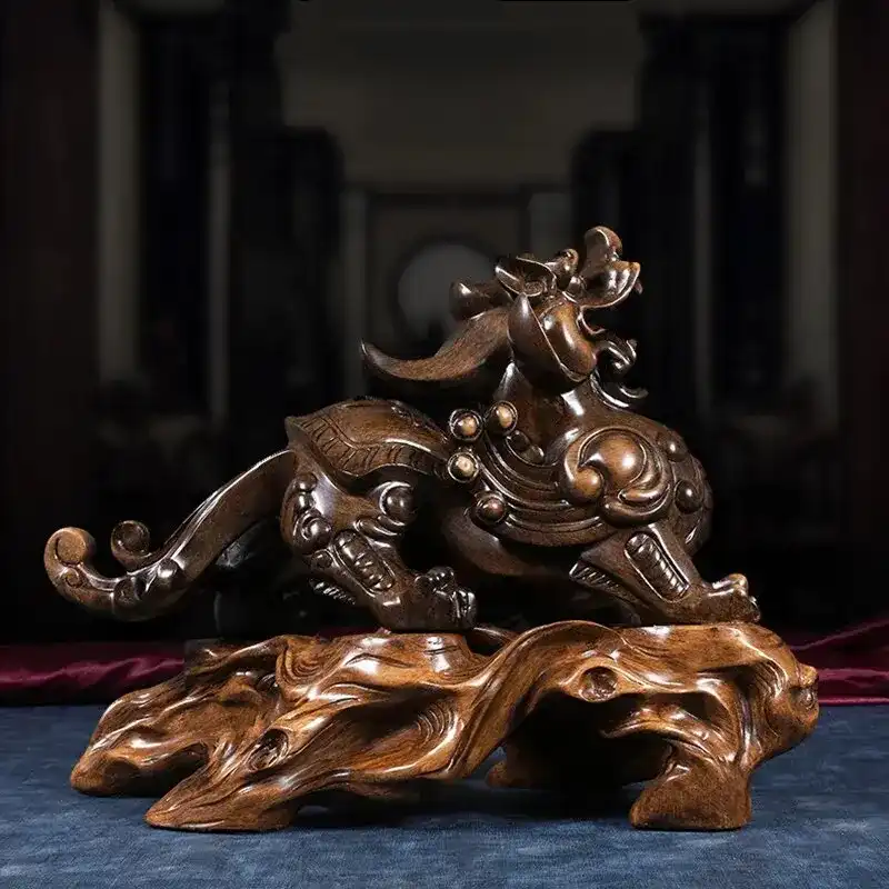 Chinese Pixiu money statue displaying side profile with intricate carved details and premium resin material.
