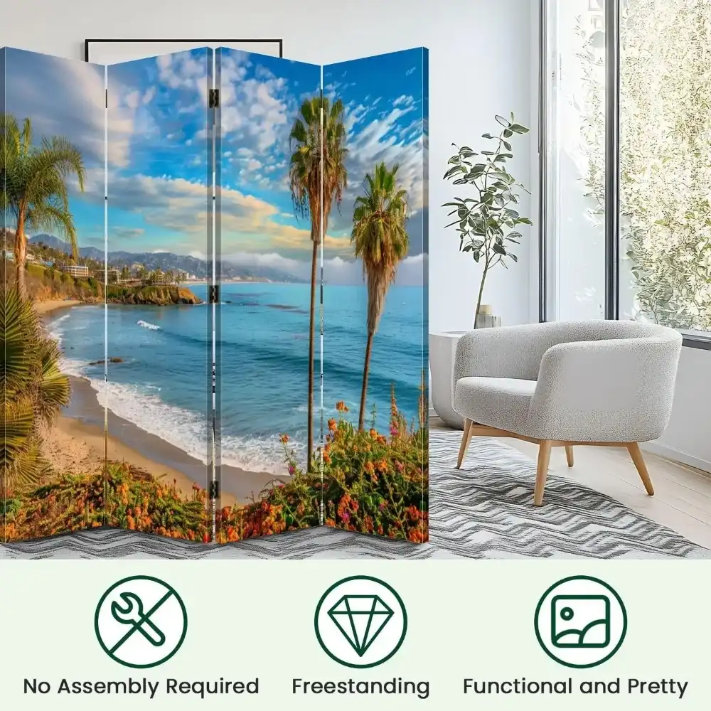Portable Chinese screen divider displaying Laguna Beach ocean waves in contemporary living room setting.