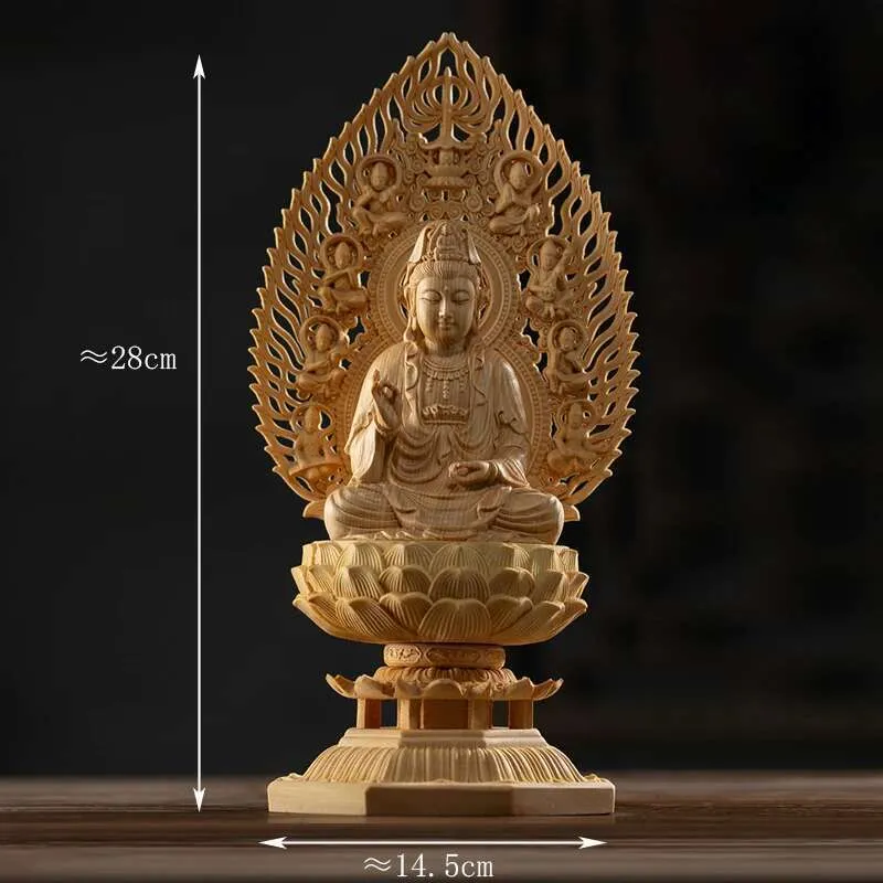Wooden Bodhisattva statue in bedroom setting for spiritual meditation home decor.