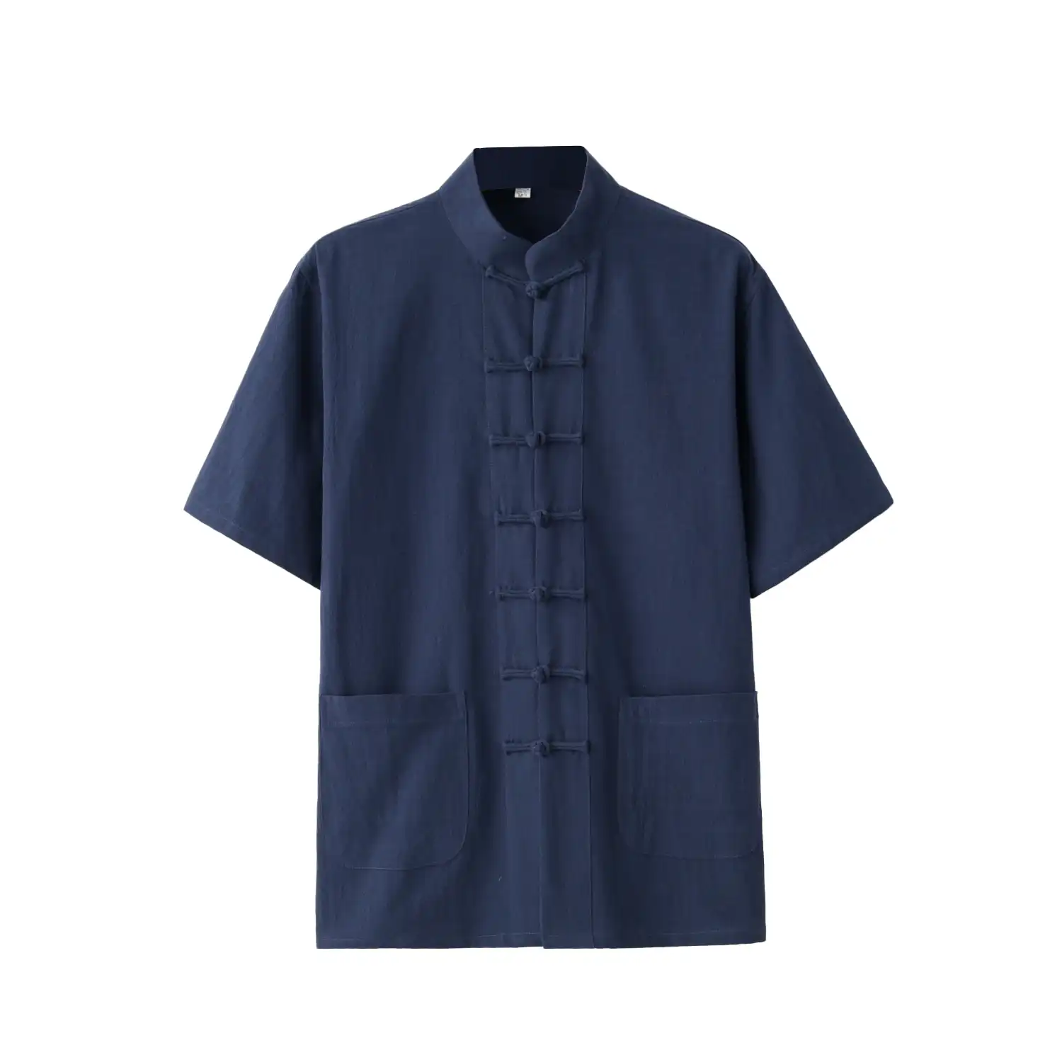 Side profile of beige tang suit showing classic Chinese silhouette and design.