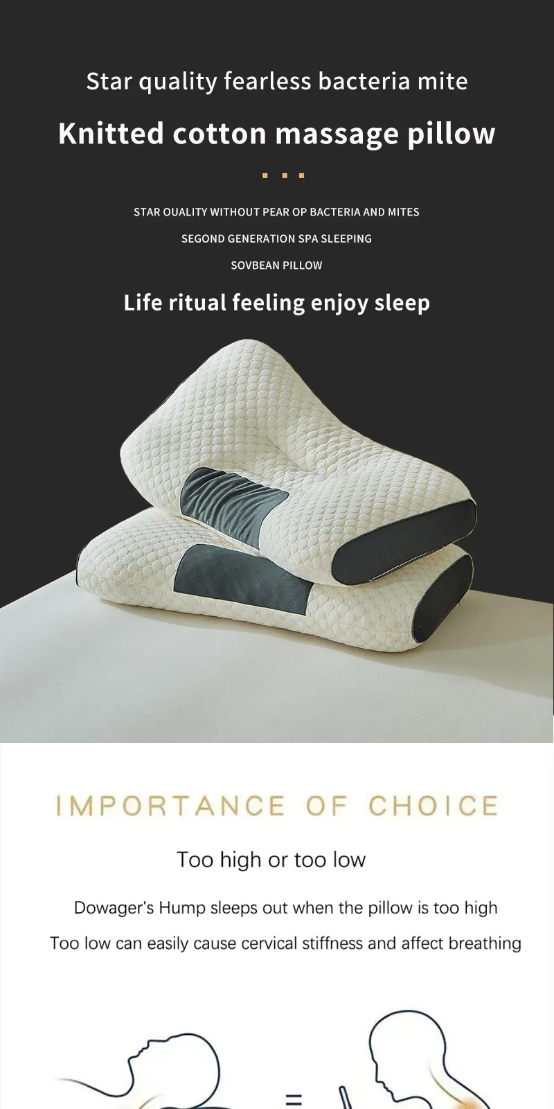 Side view showing dual height cervical pillow options 6cm and 10cm for personalized comfort.