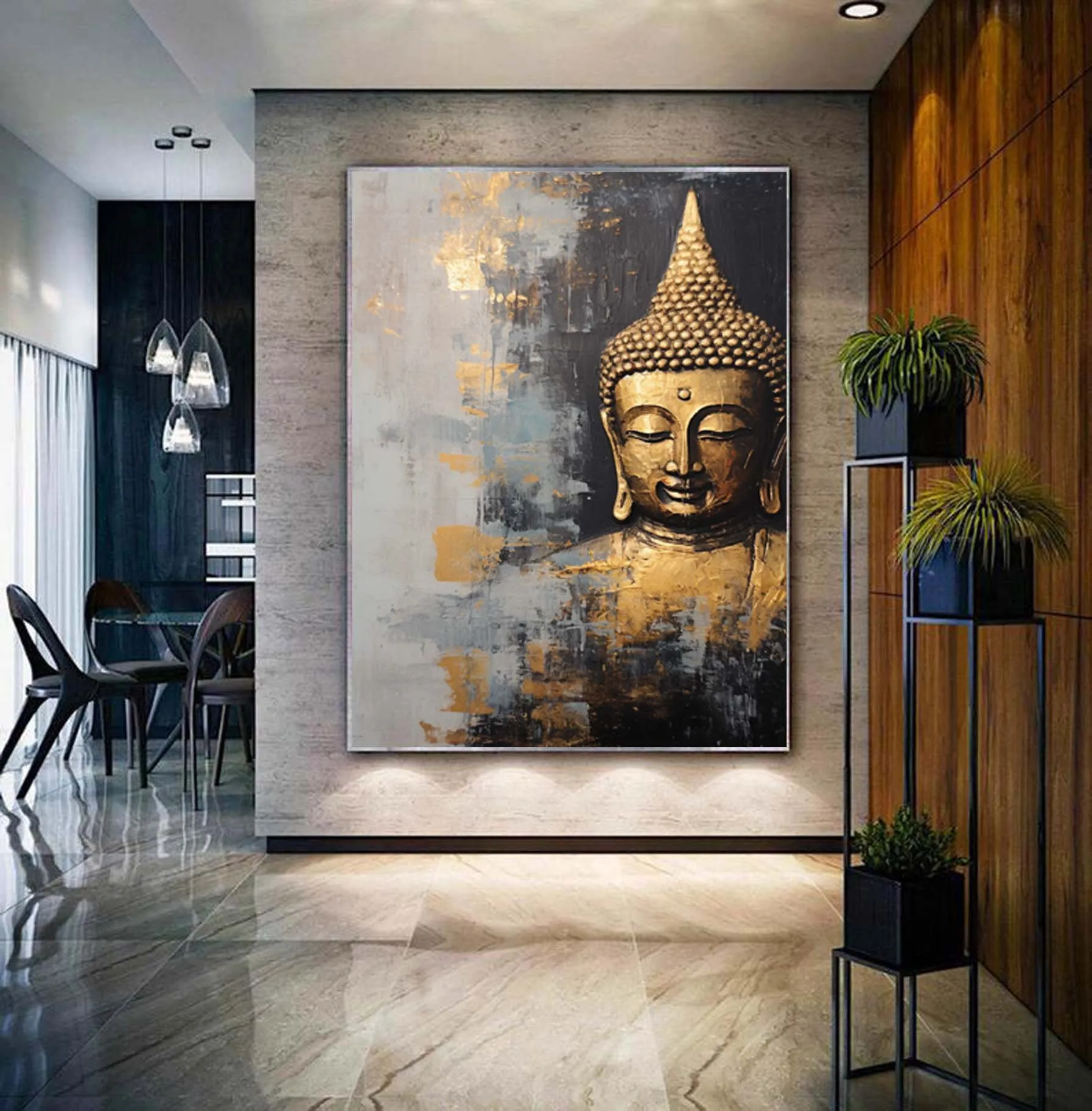 Buddha wall art displayed in modern living room home decor peaceful atmosphere zen style.