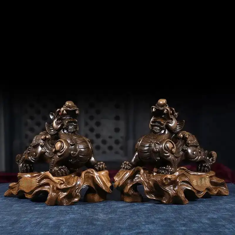 Resin Pixiu statue placed on elegant wine cabinet demonstrating home decoration and feng shui placement.