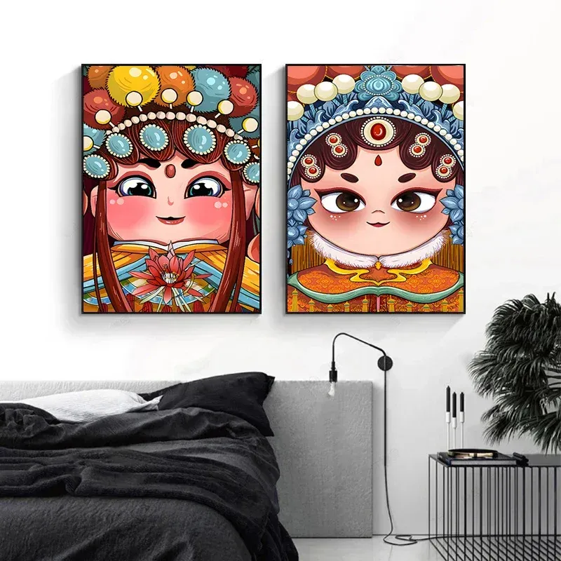 Living room interior showcasing Chinese Opera canvas art as modern wall decoration centerpiece.