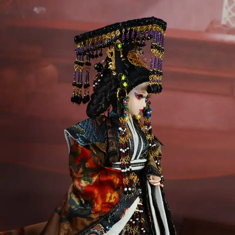 Back view of ancient costume doll showing complete traditional Chinese dress design.