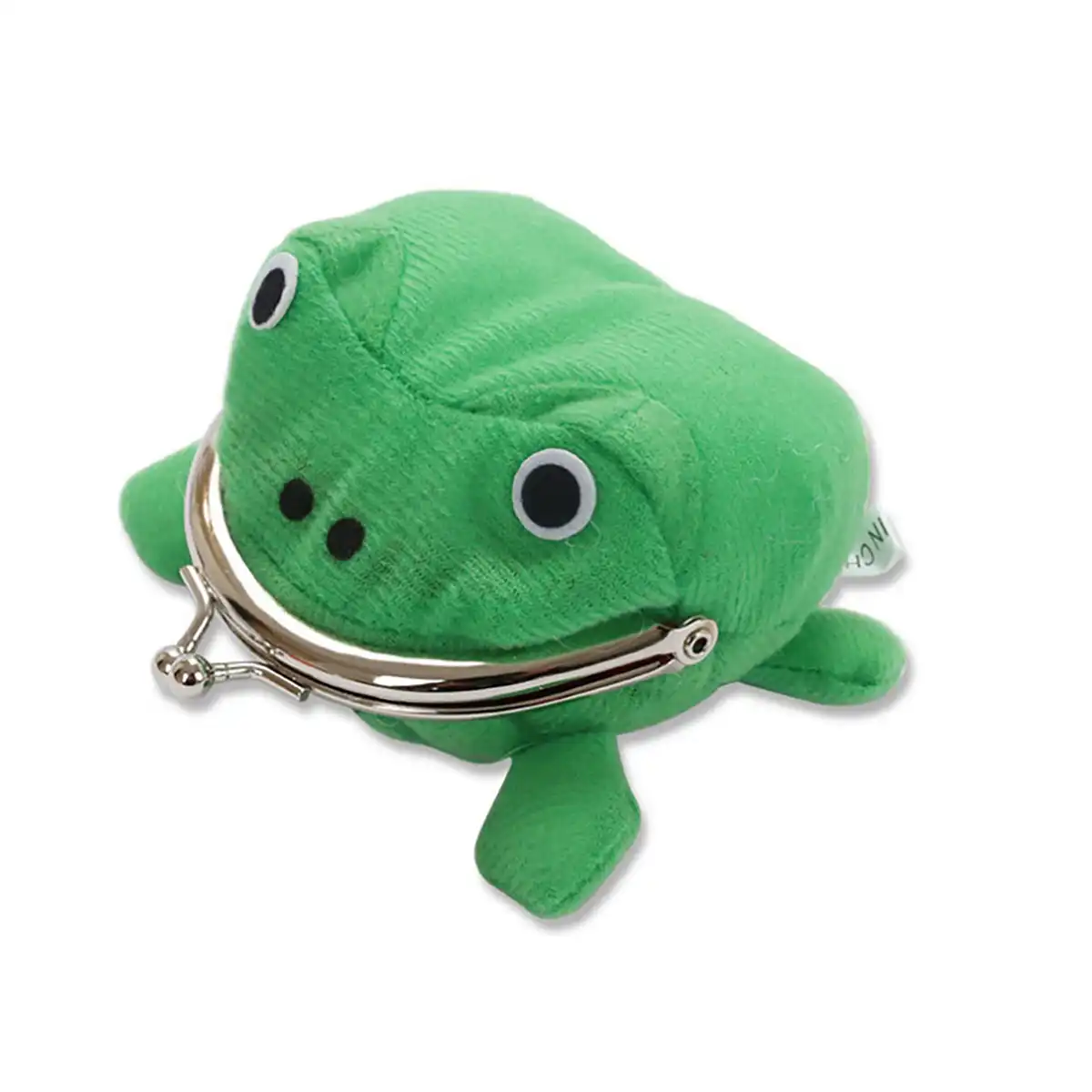 Anime frog plush wallet with keyring, laid flat on surface..