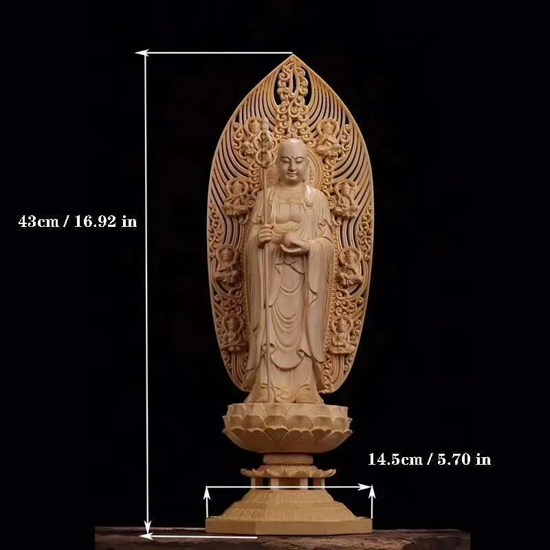 Buddha statue under lighting showing wood texture and carved details shadow effects.