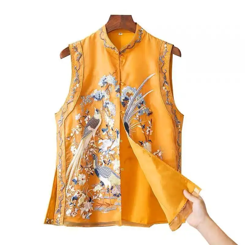 Model wearing sleeveless Tang suit vest showing flattering fit and oriental style silhouette.