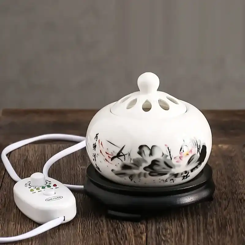 Bottom view of ceramic incense burner showing safe outlet design with 1.5m power cord.