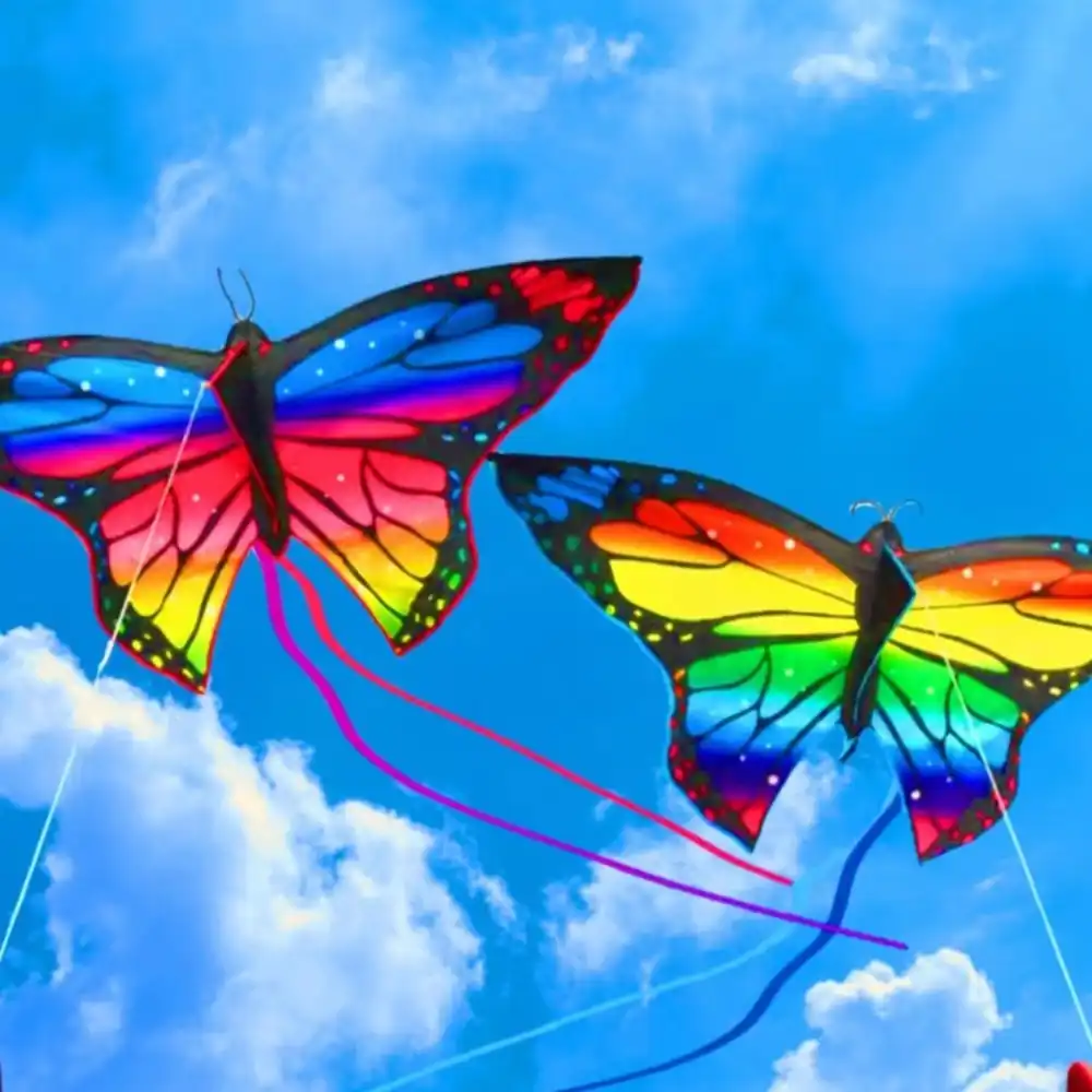 Close up view of butterfly kite wings showing high quality polyester fabric construction.