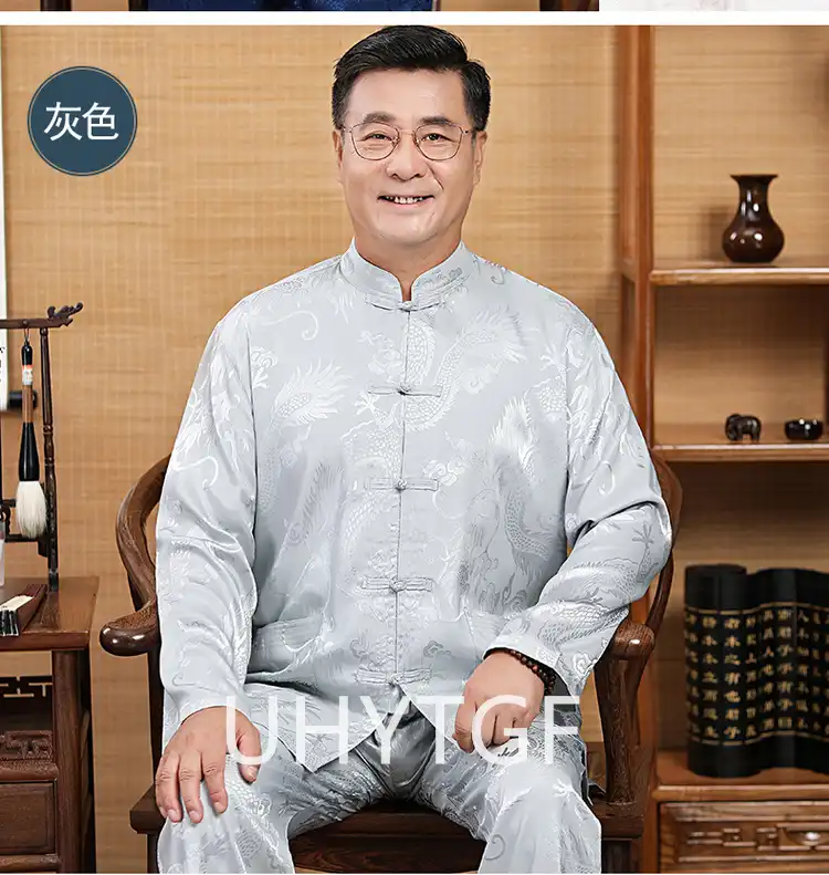 Tang suit collar detail highlighting traditional mandarin style neckline and button closure system.