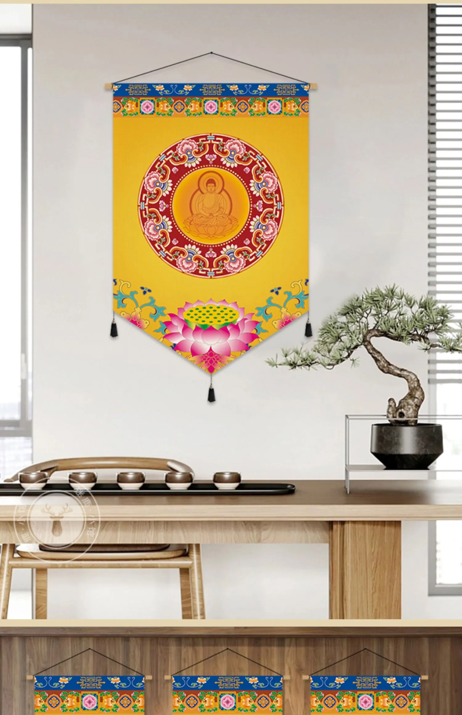 Traditional Buddhist symbols wall art with fade-resistant waterproof ink printing.