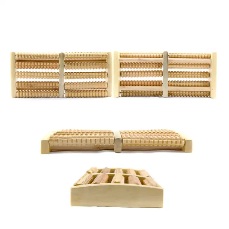 Dual wooden foot massager for plantar fasciitis relief, front view..