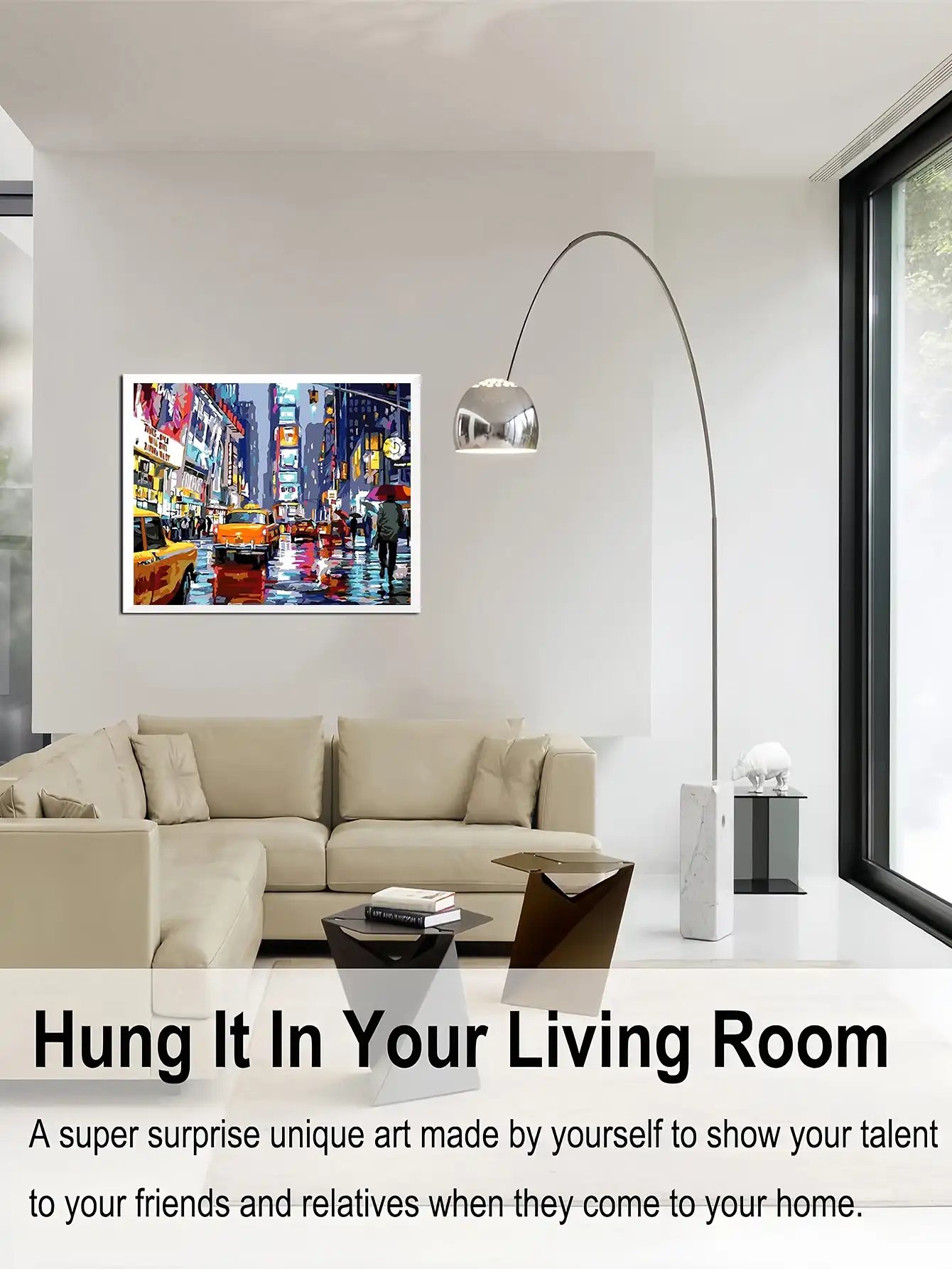 Finished landscape painting displayed on wall as home decoration in modern living room setting.
