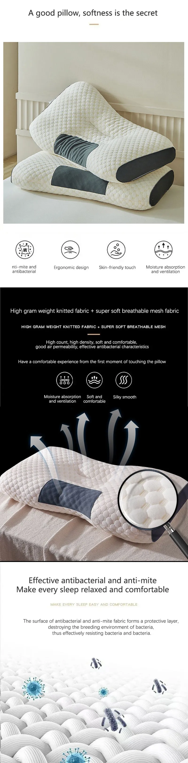 Cervical pillow dimensions and measurements guide for 6cm and 10cm height options.