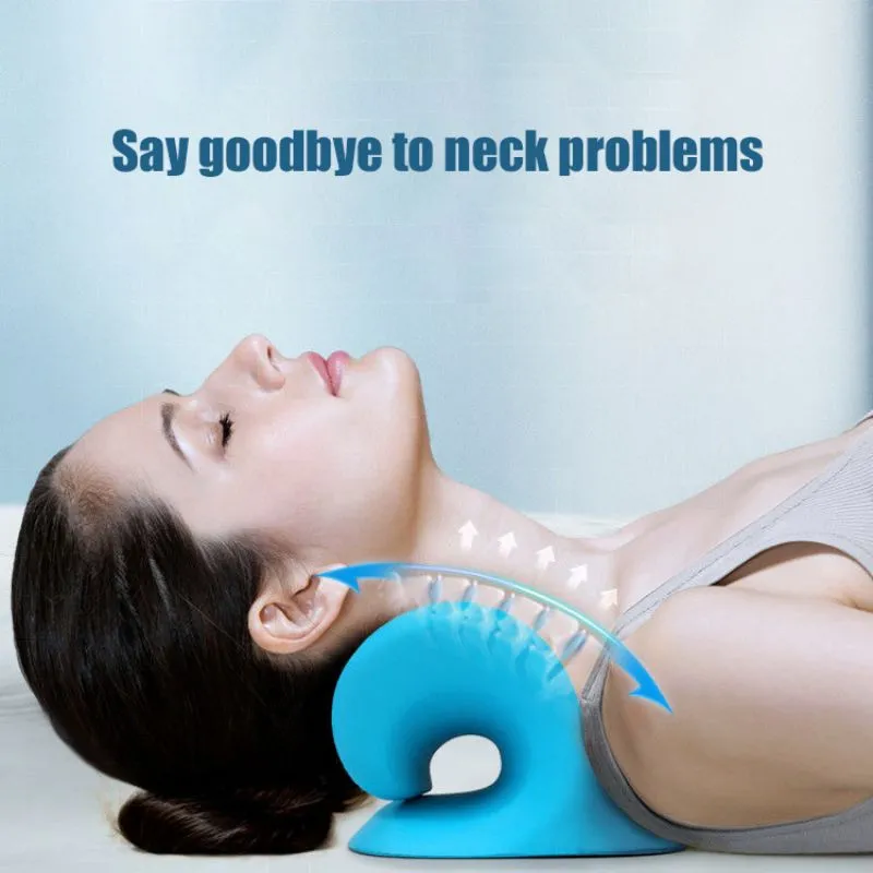 User lying down with cervical traction pillow showing relaxation therapy position.