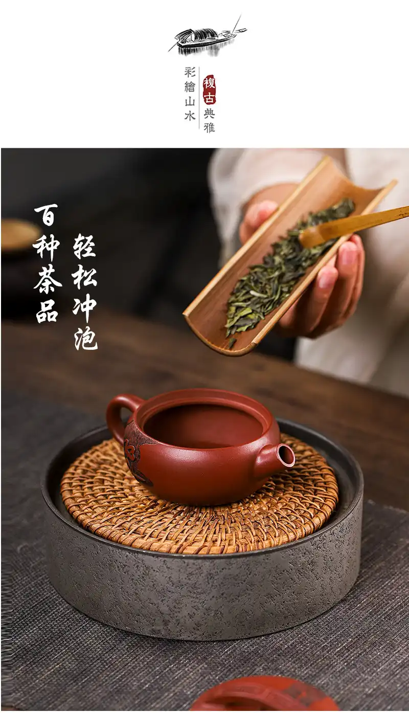Handcrafted purple clay teapot quality inspection showing seven-hole filter system functionality.
