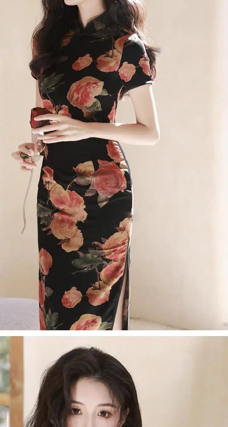 Traditional qipao dress detail showing premium twill fabric quality and intricate print pattern.