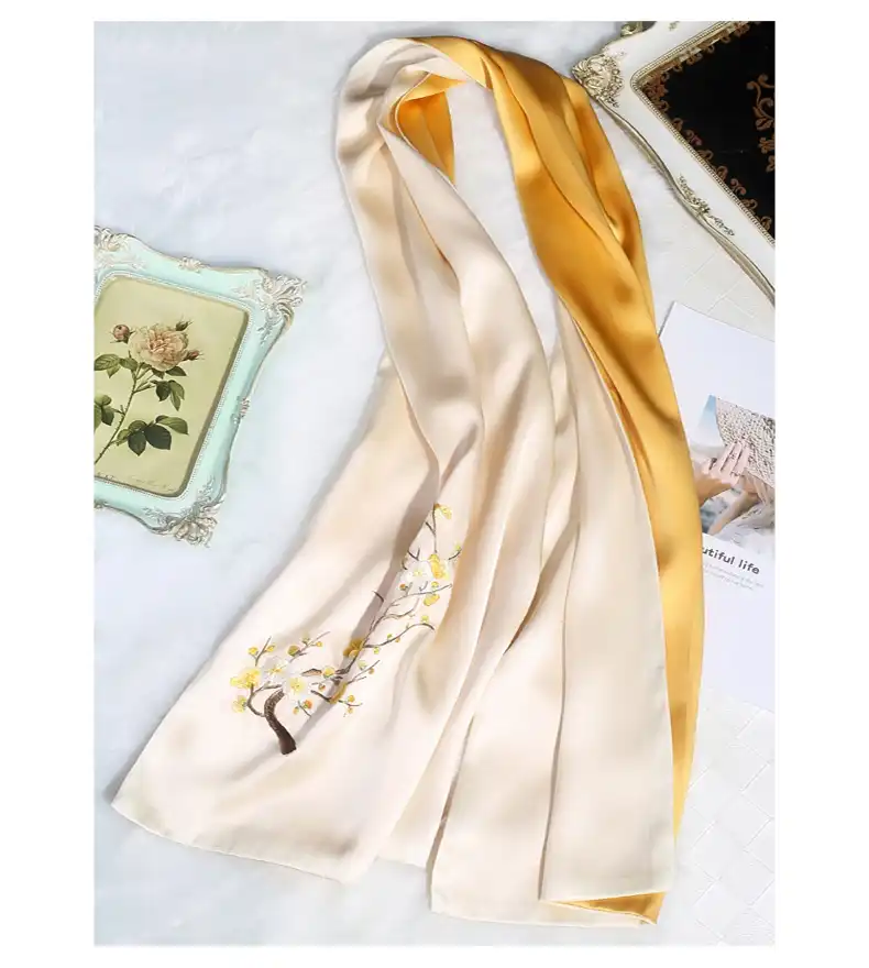 Traditional Suzhou embroidery detail showcasing intricate needlework on luxury silk fabric.