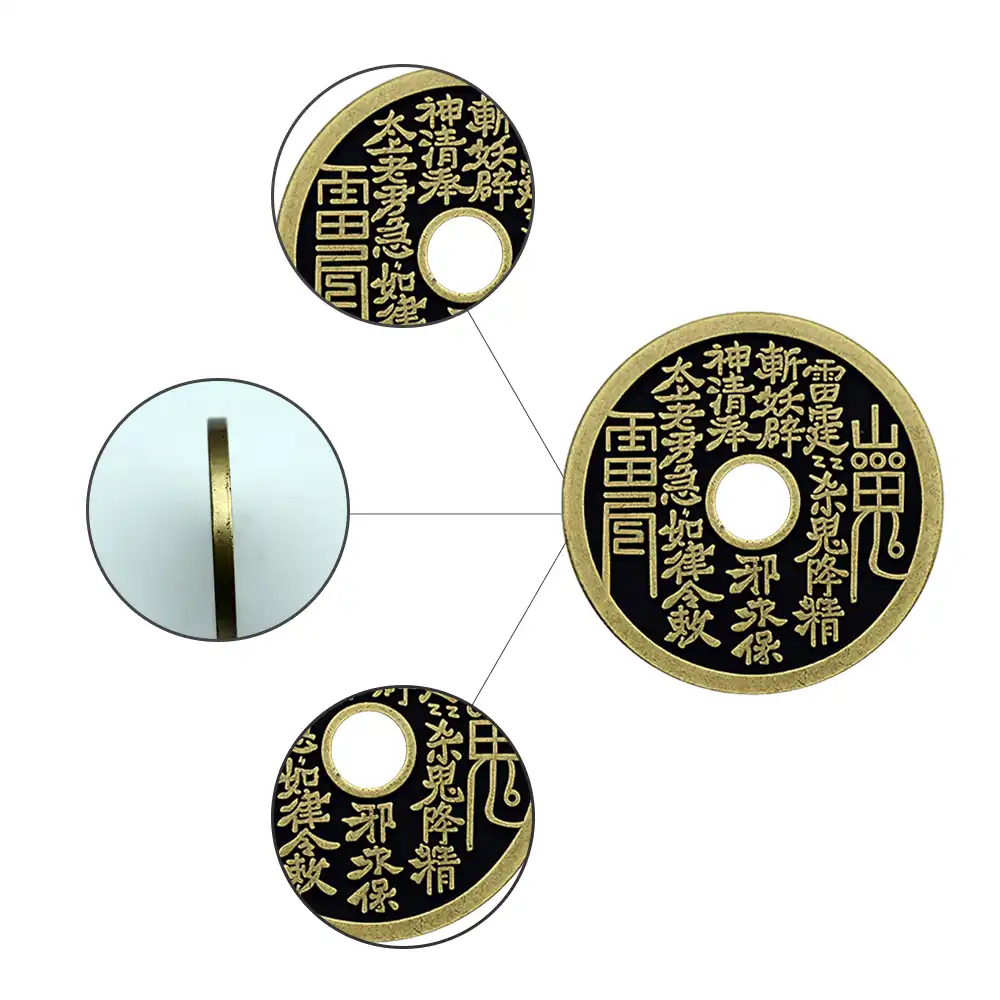 Feng shui bagua coins arranged on home altar for good fortune and protection.
