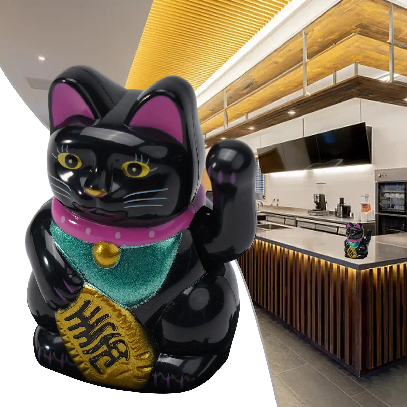 Lucky cat decoration showing consistent waving motion throughout sunny days.