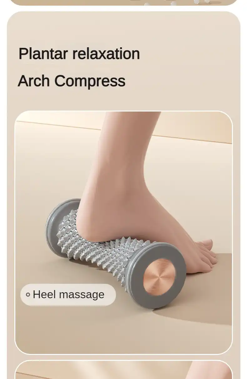 Person using foot roller under desk at office showing convenient workplace pain relief solution.