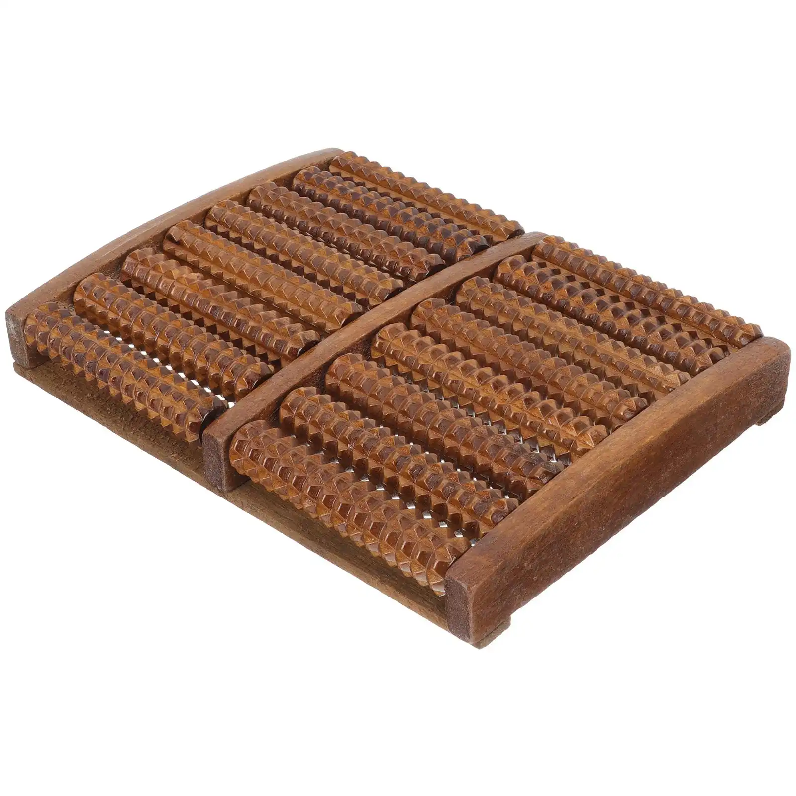 Gua sha wooden roller for foot pain relief, top-down view..