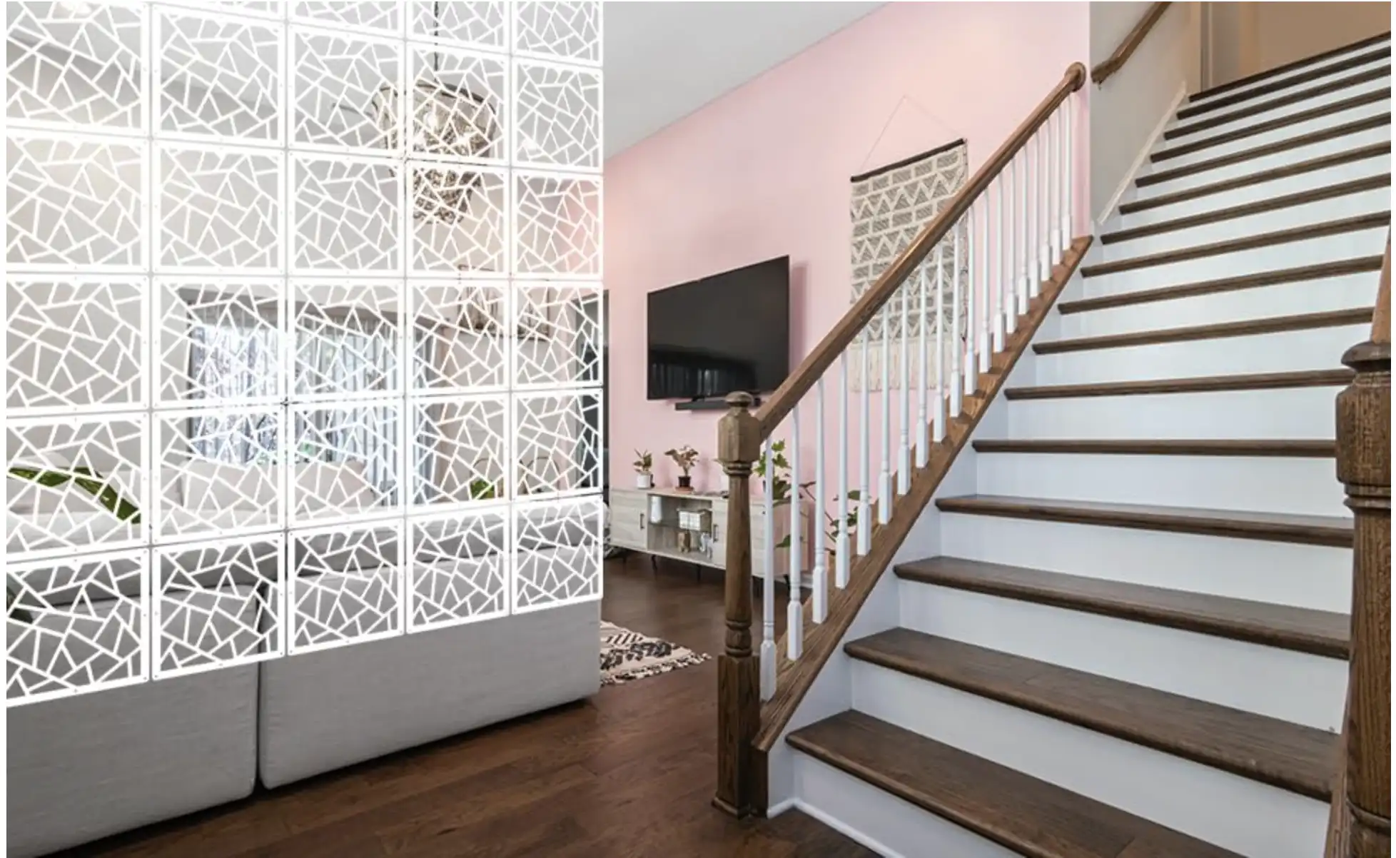 Chinese wood hanging room divider panels with carved patterns displayed in modern living room setting.