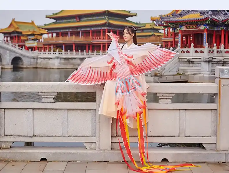 Phoenix kite flying in grassland setting with adult enjoying outdoor sports activity.