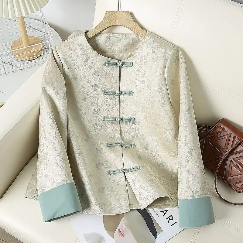 Model demonstrating versatile styling options for retro Chinese lapel blouse.