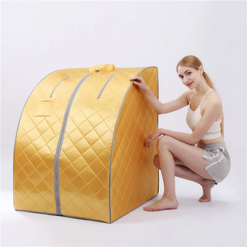 Home spa setup showing compact steam sauna installation in residential living space.