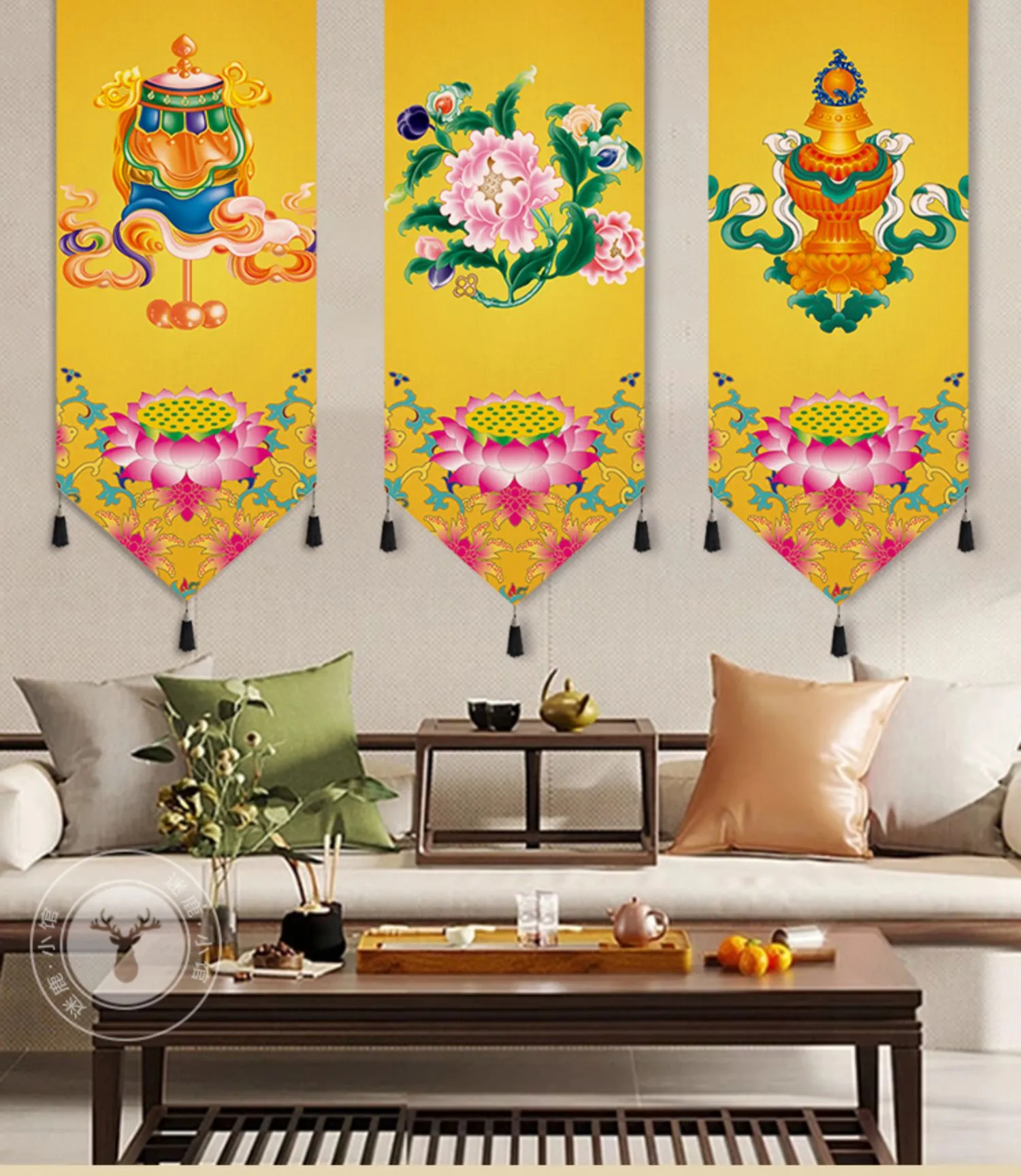 Tibetan cultural wall decor canvas painting in ready-to-hang vertical format.