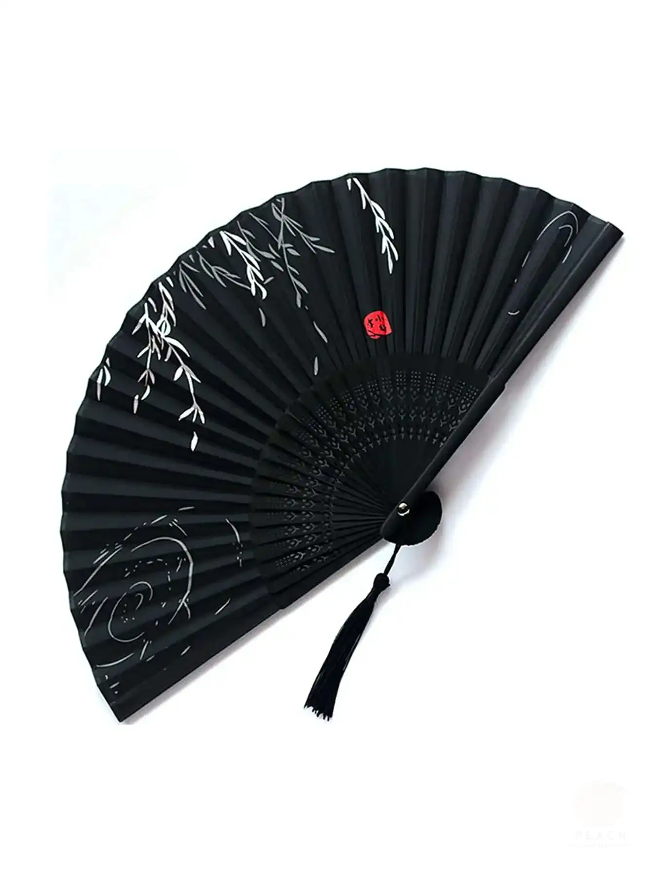 Bride holding Chinese folding fan as wedding ceremony accessory and photo prop.
