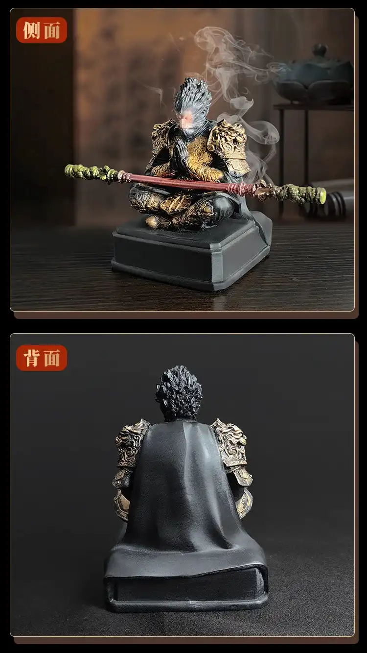 Detailed close-up of Ruyi Jingu Bang golden cudgel staff on premium resin Monkey King statue figure.