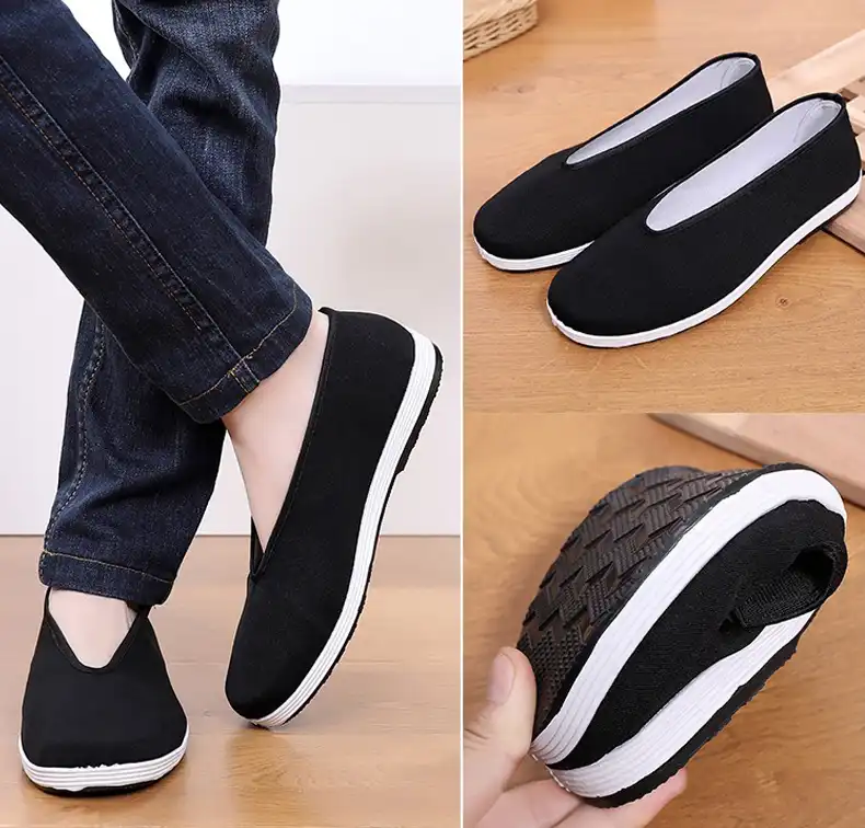 Tai chi meditation pose showing comfortable fit and traditional aesthetic of Kung Fu shoes.