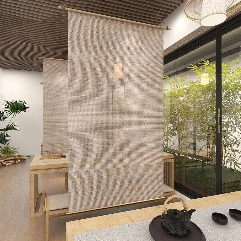 Installation view of Chinese curtain screen showing flexible mounting options and placement.