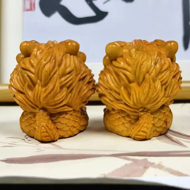 Wooden Chinese lion statues arranged on car dashboard showing versatile placement options for protection.