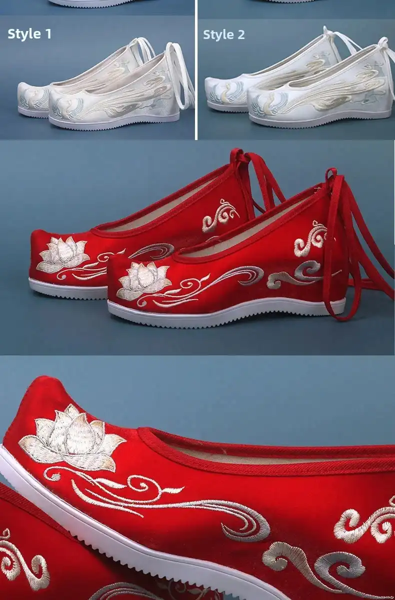 Traditional Chinese shoe construction showing canvas material and hand-stitched phoenix embroidery work.