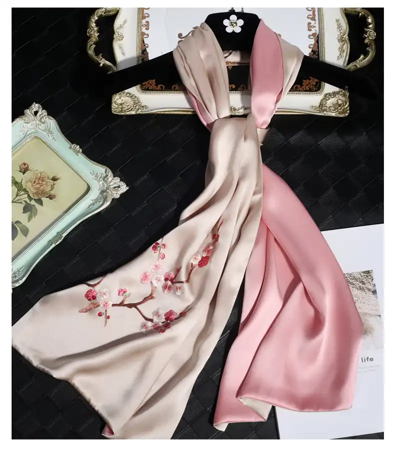 Double layered scarf construction detail highlighting 16MM silk satin on both fabric sides.