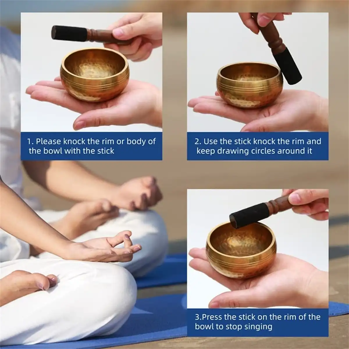 Golden copper bowl rim detail highlighting smooth finish and traditional Buddhist design elements.