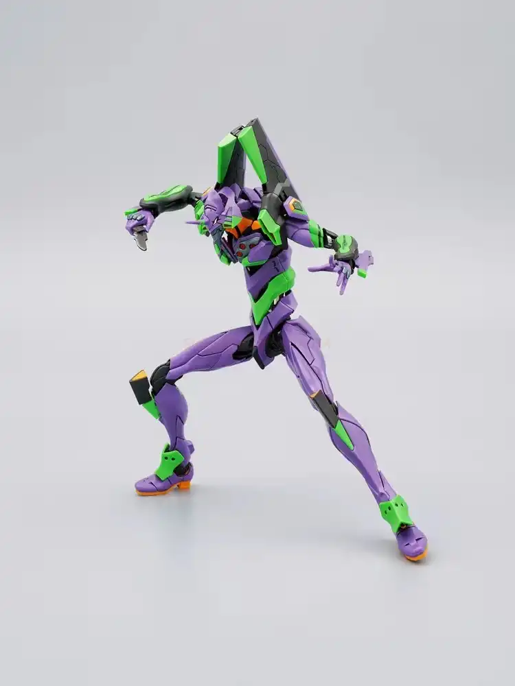 Evangelion 01 action figure kit, shown in collector’s display..